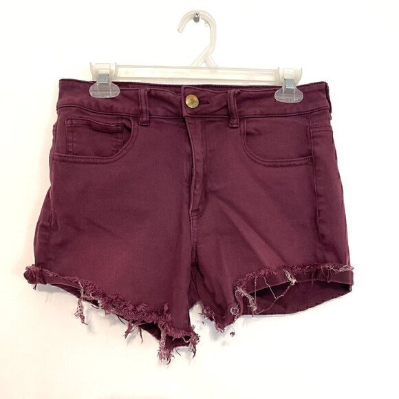 AMERICAN EAGLE Super Stretch Hi-Rise Shortie Burgundy Maroon Red Raw Hem Shorts - Picture 2 of 15